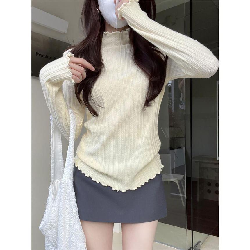 Turtleneck Ruffle Trim Ribbed Knit Top Product Image