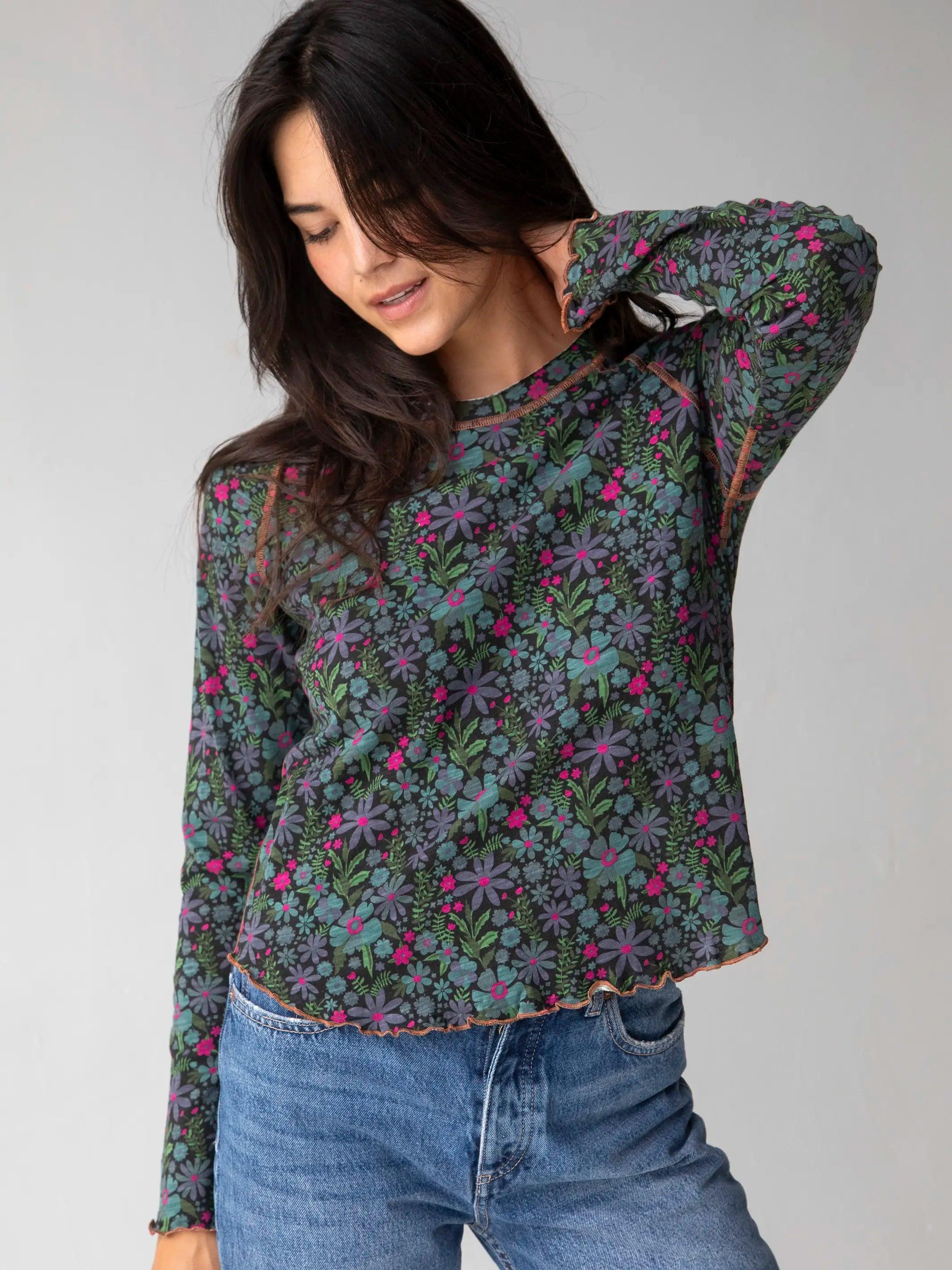 Lily Cotton Long Sleeve Tee Shirt - Dark Blue Garden Product Image