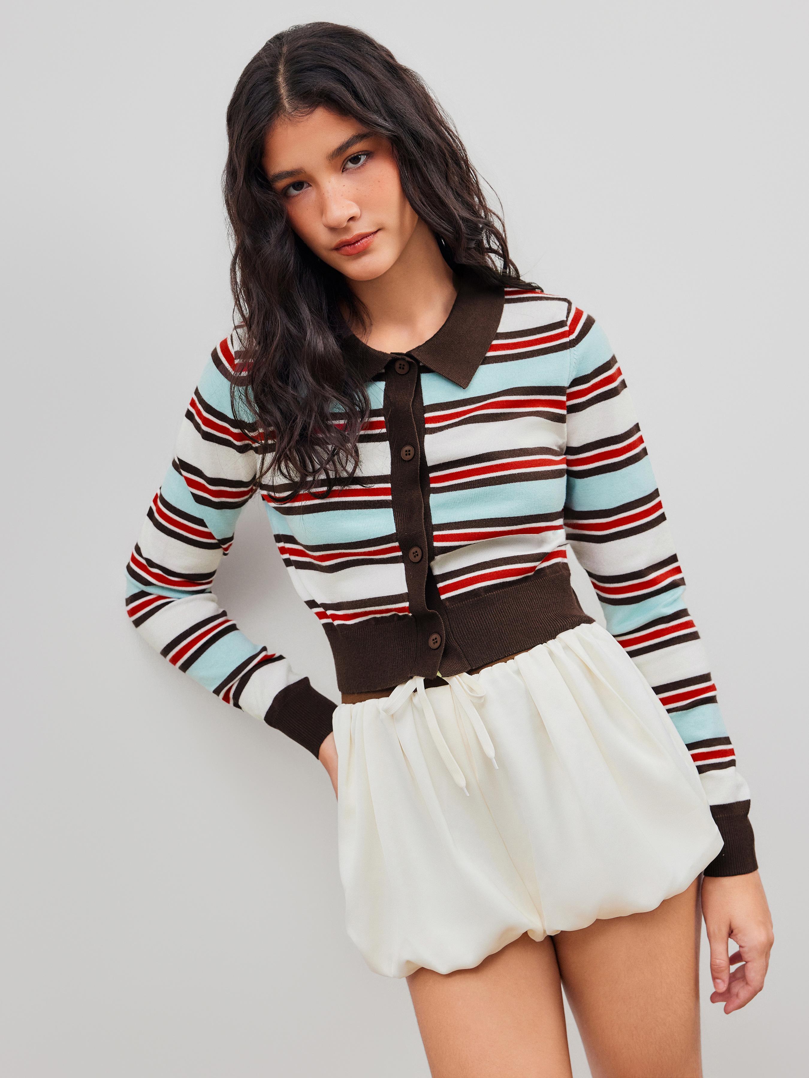 Knit Collar Striped Button Contrasting Binding Long Sleeve Top Product Image