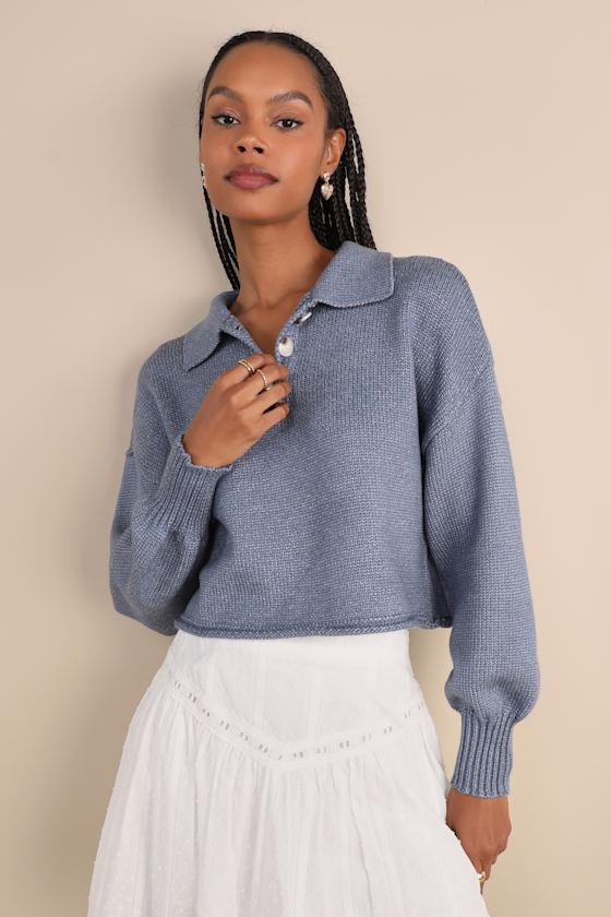 Comfy Ideal Heather Blue Collared Cropped Pullover Sweater Product Image