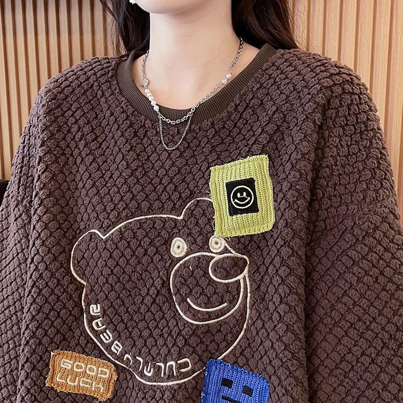 Crew Neck Bear Embroidered Applique Fleece Pullover Product Image