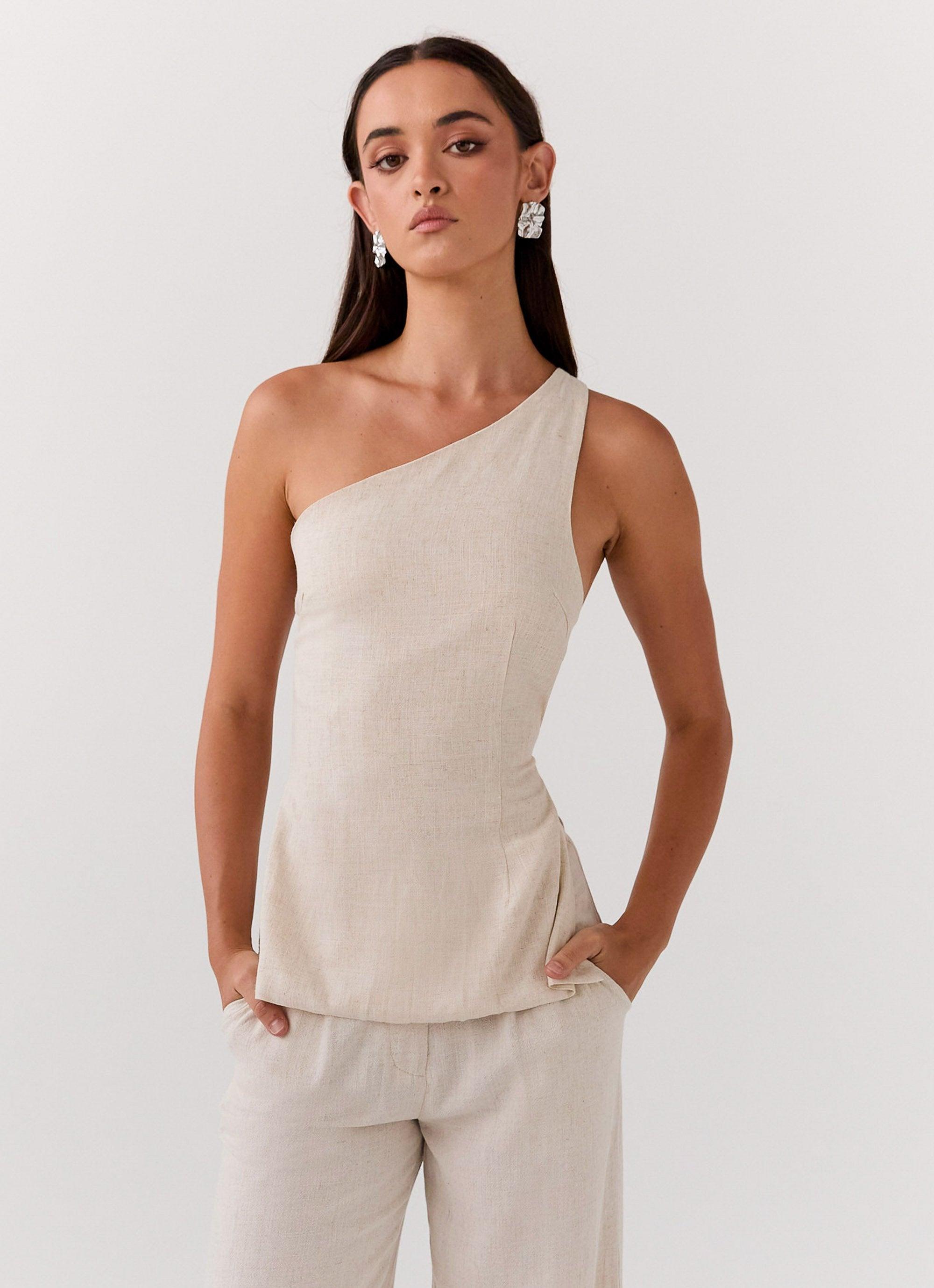 Olsen Linen One Shoulder Top - Oatmeal product image