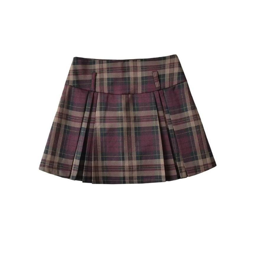 High Rise Plaid Pleated Mini A-Line Skirt Product Image