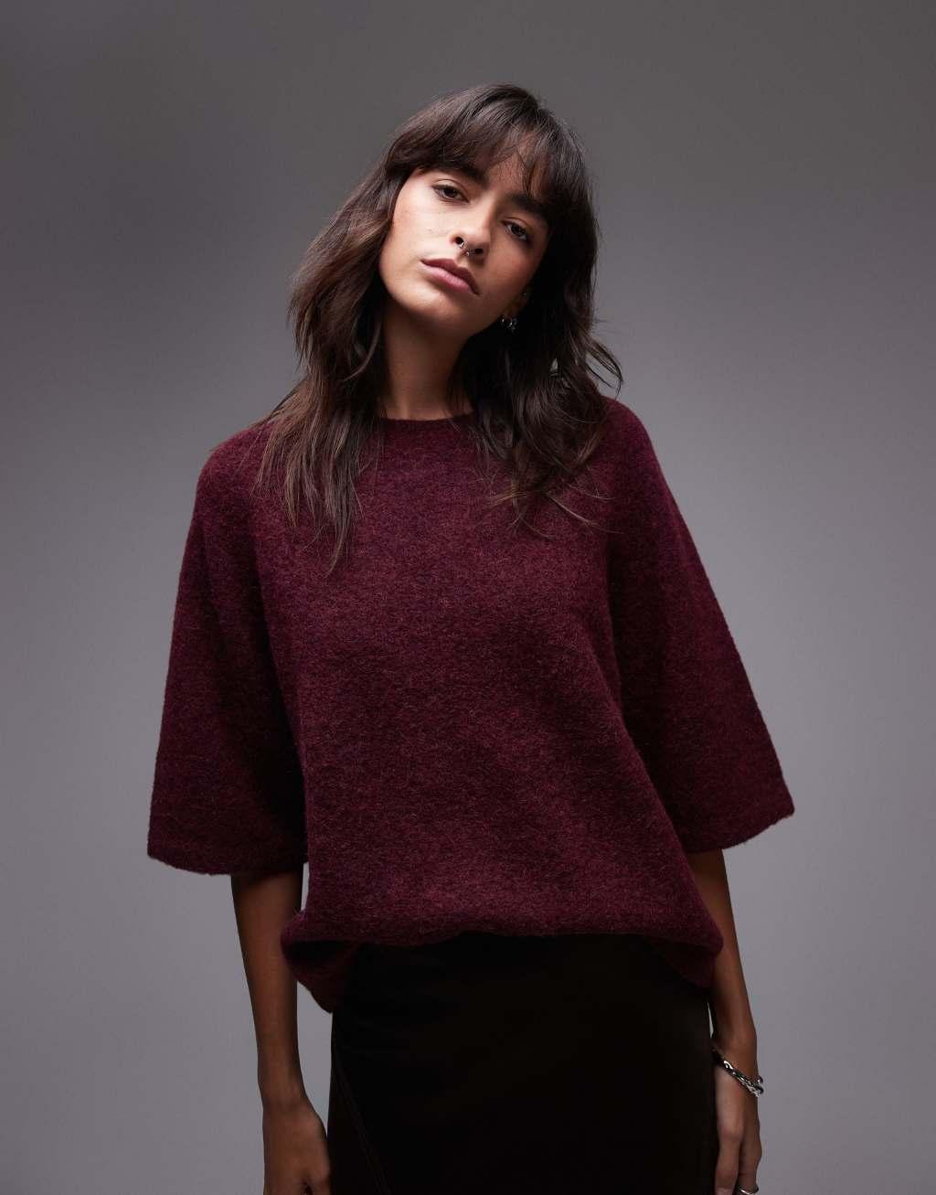 & Other Stories alpaca short sleeve knitted sweater in burgundy exclusive to ASOS Product Image