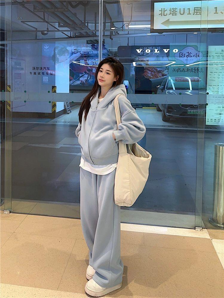 Plain Zip-Up Hoodie / High Waist Wide Leg Sweatpants Product Image