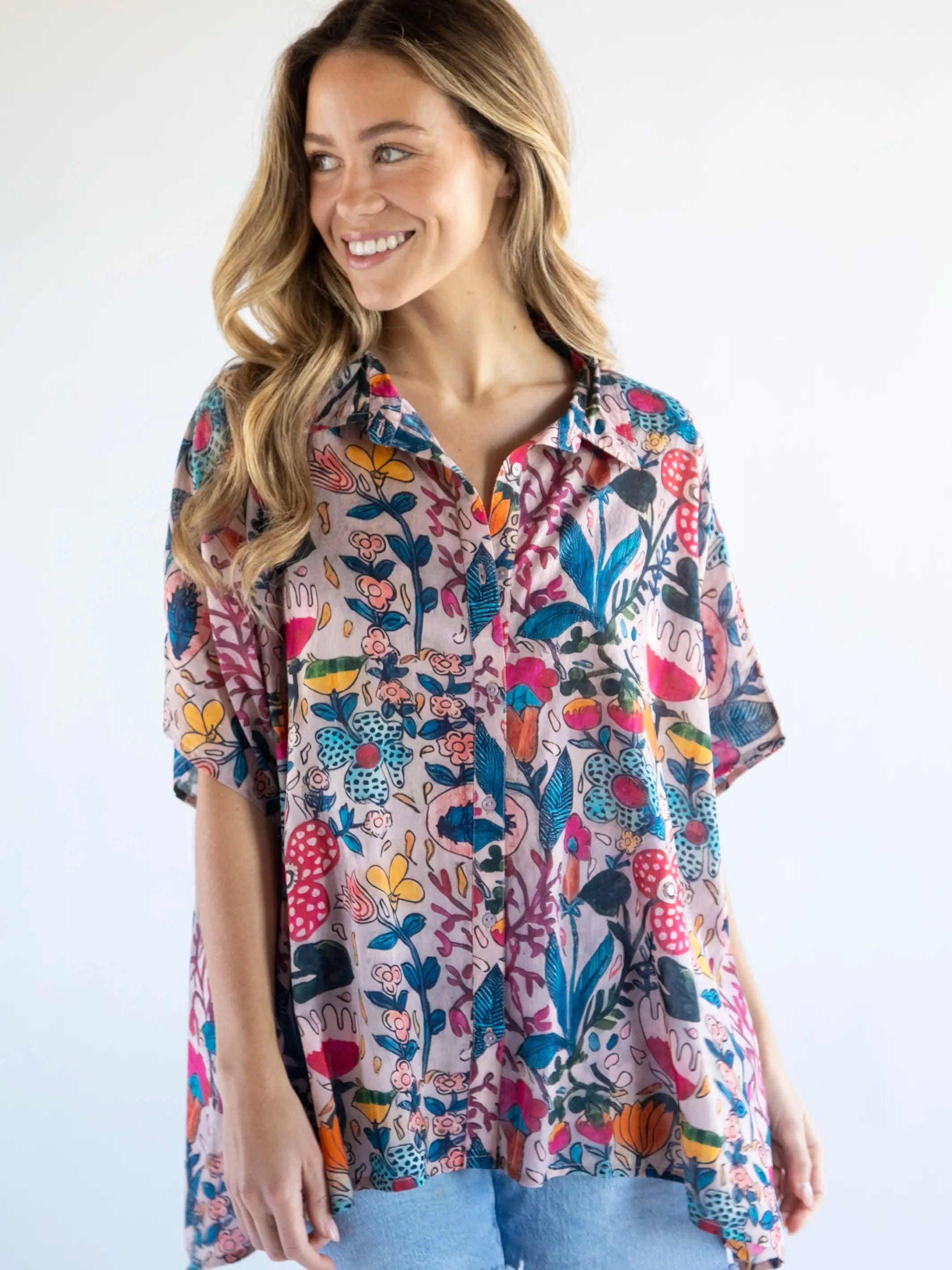 Kelly Oversized Cotton Button Down - Light Pink Multi Floral Product Image