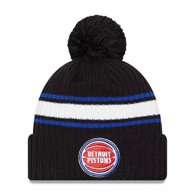 Mens New Era Black Detroit Pistons White Stripe Cuffed Pom Knit Hat Product Image