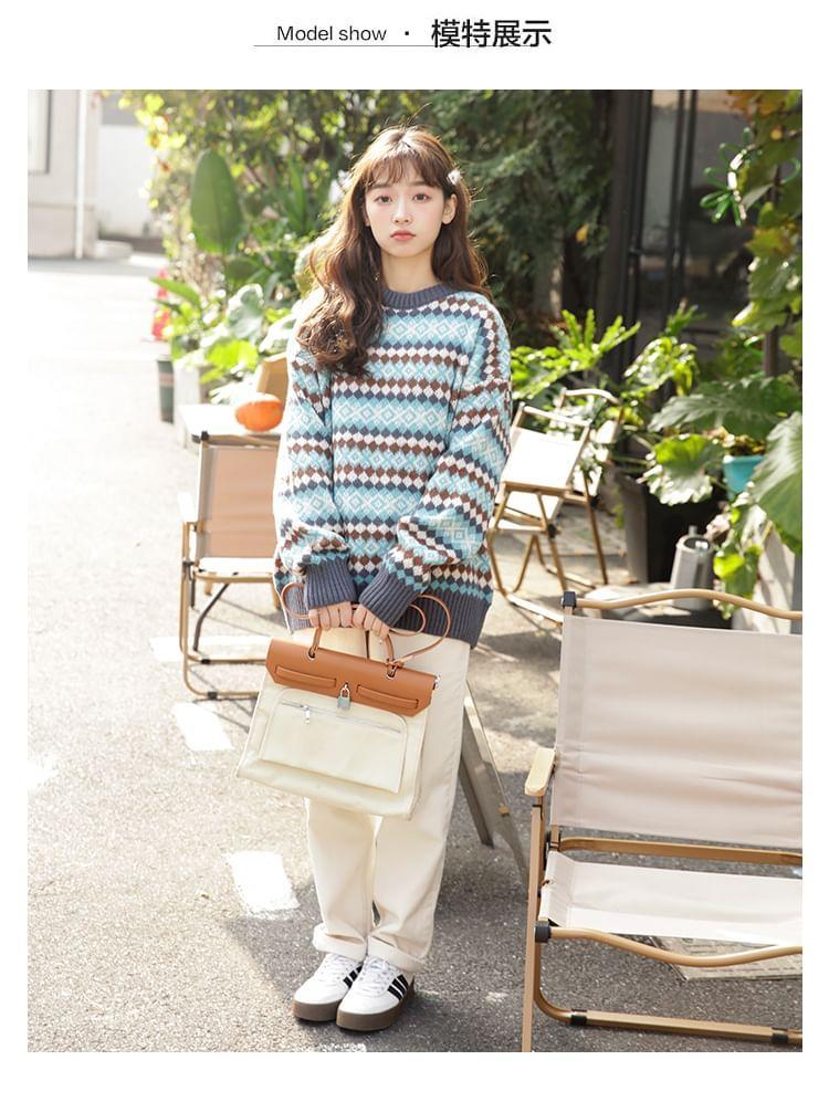 Round Neck Drop Shoulder Striped Oversized  Sweater Product Image