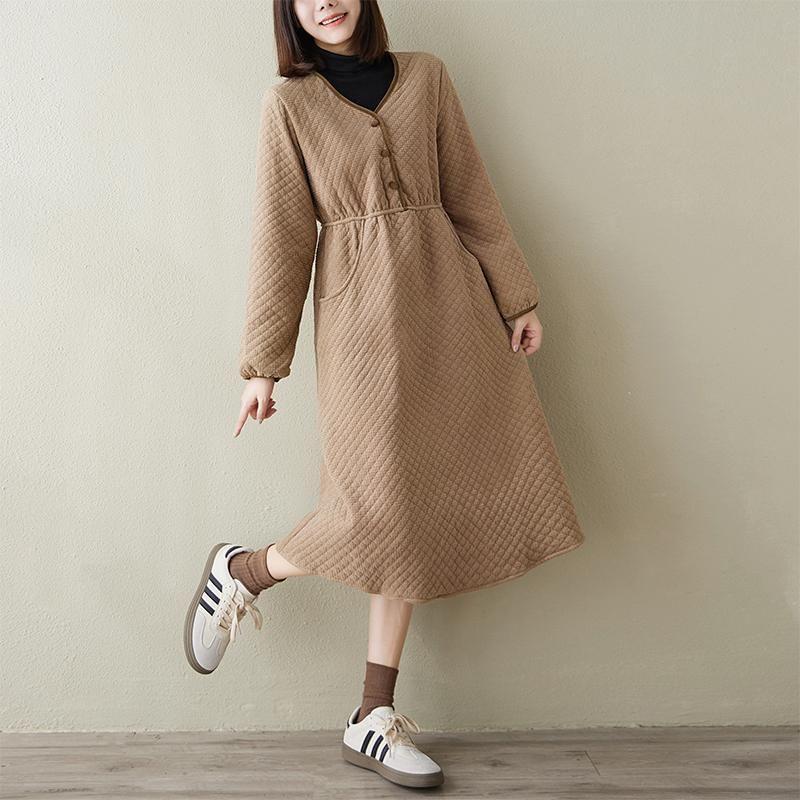 Long-Sleeve V-Neck Plain Quilted Half-Buttoned Midi A-Line Dress Product Image