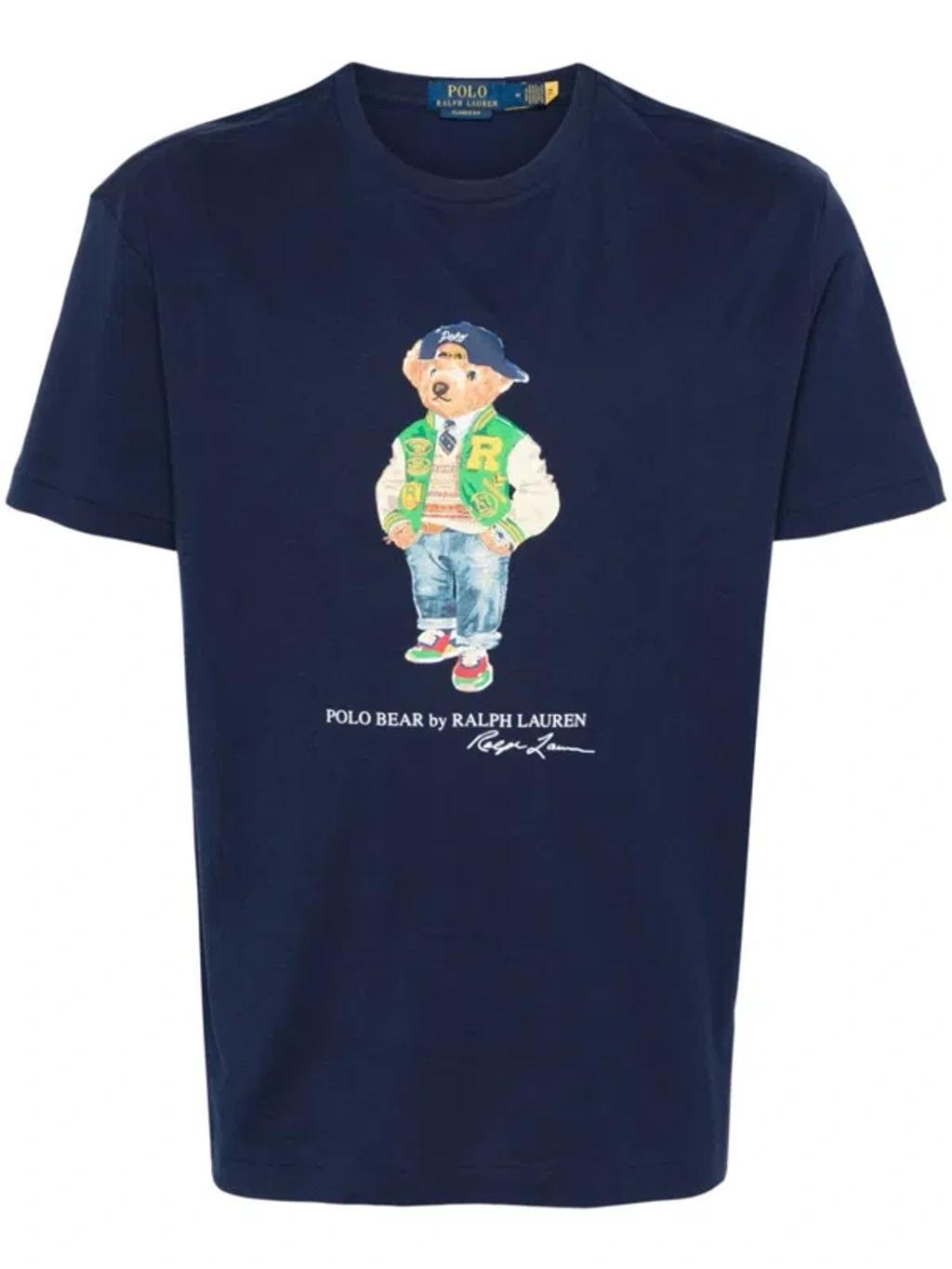 Cotton T-shirt With Polo Bear Pattern In Blue Product Image