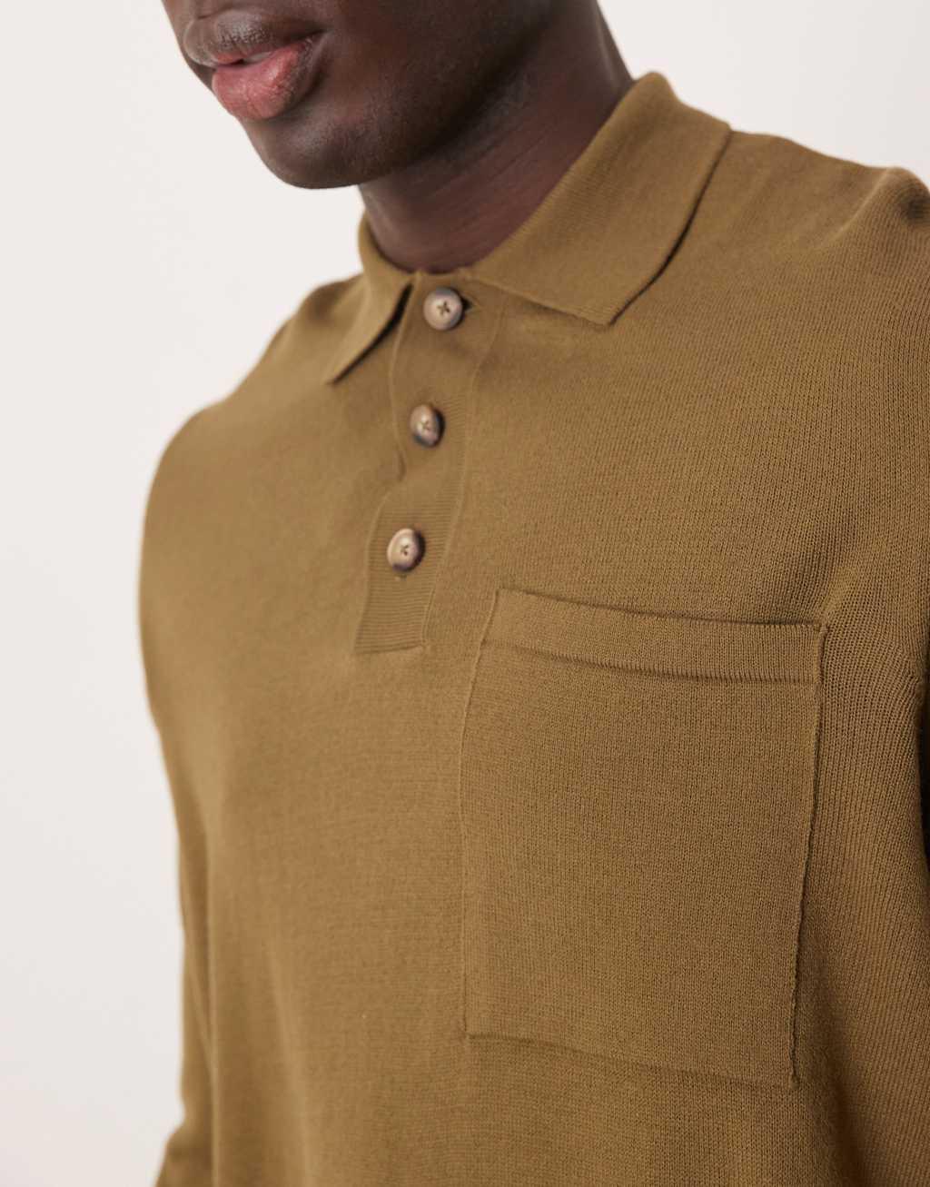 ASOS DESIGN relaxed boxy fit knit polo sweater with chest pocket in khaki Product Image