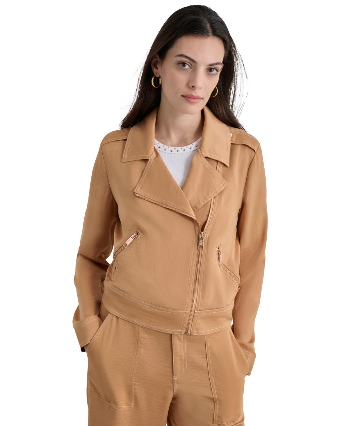 Dkny Womens Contrast Stitch Asymmetric Moto Jacket Product Image