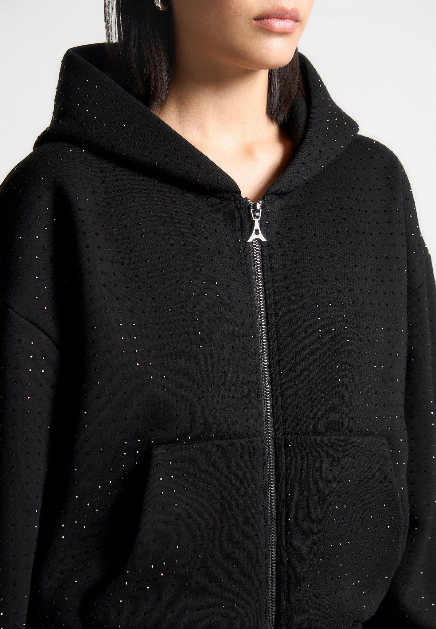 Rhinestone Zip Through Hoodie - Black Female Product Image