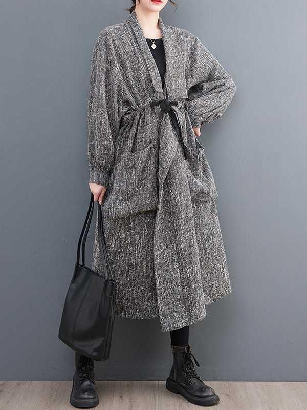 Long Sleeves Loose Drawstring Pockets Lapel Trench Coats Product Image