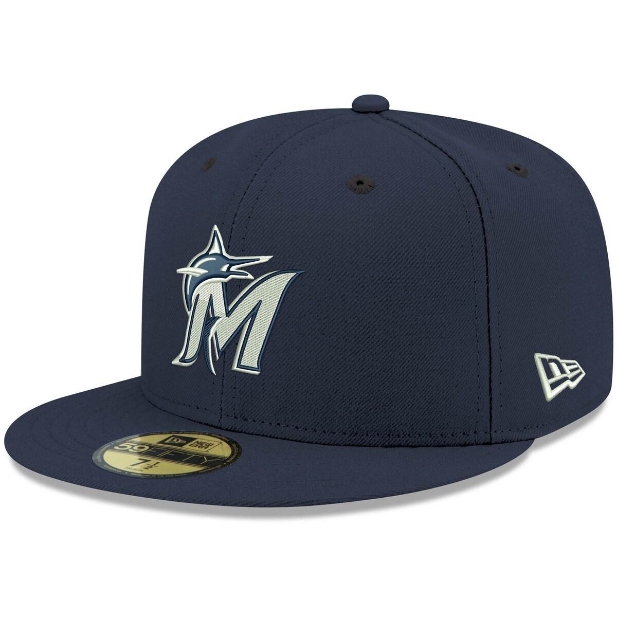 New Era Mens Navy Miami Marlins Logo White 59FIFTY Fitted Hat Product Image