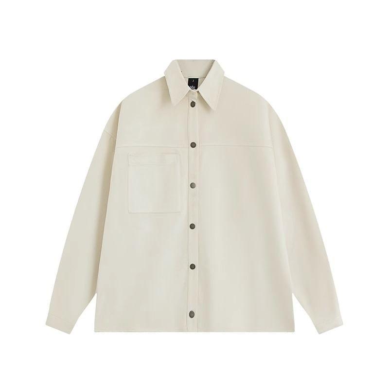 Plain Button-Up Faux Suede Shirt Jacket Product Image