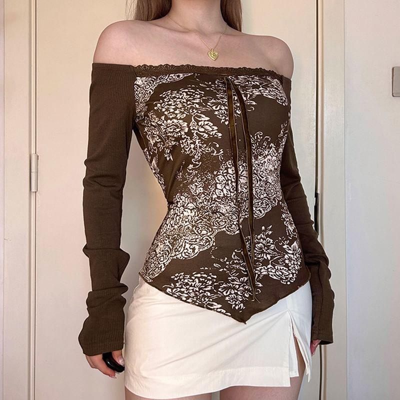 Long-Sleeve Off-Shoulder Floral Print Lace Panel Tie Front Slim Fit Crop Top Product Image