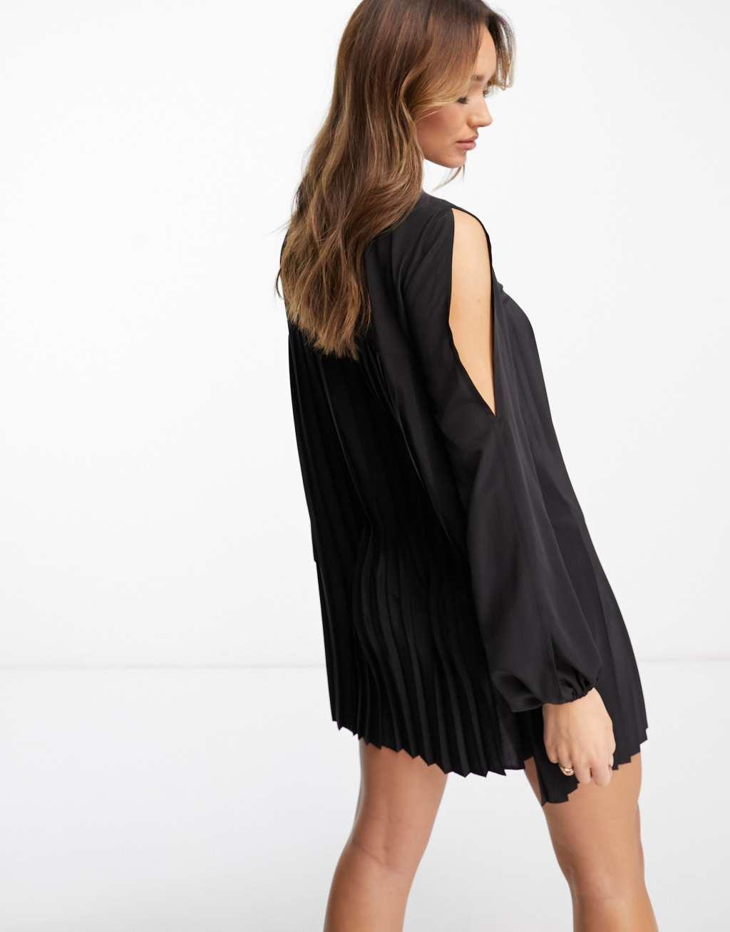 ASOS DESIGN high neck pleated trapeze mini dress with split sleeves in black  Product Image