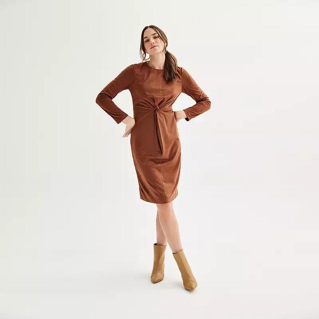 Womens Nicole Miller Faux Suede Long Sleeve Twist Front Dress Brown Product Image