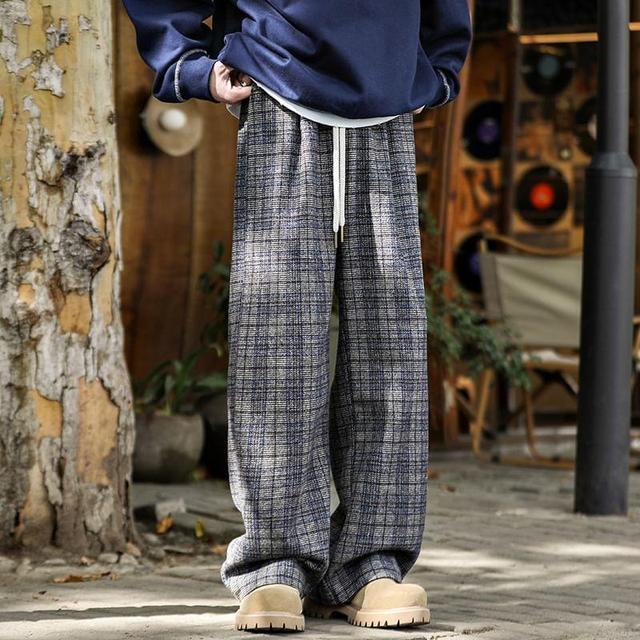 Drawstring Waist Plaid Wide Leg Pants Product Image