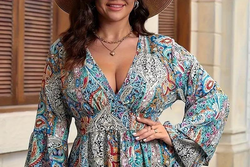 Plus Size Long-Sleeve V-Neck Paisley Print A-Line Dress Product Image