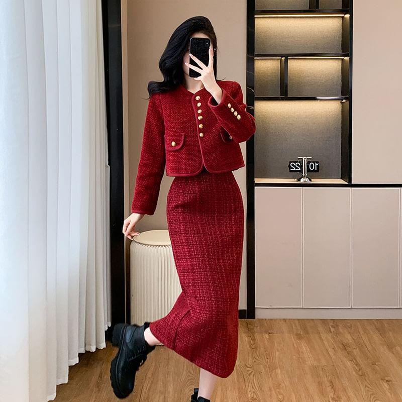 Set: V-Neck Plain Button-Up Tweed Crop Jacket + High Waist Pencil Skirt (Various Designs) Product Image