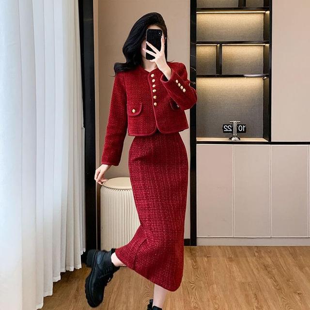 Set: V-Neck Plain Button-Up Tweed Crop Jacket + High Waist Pencil Skirt (Various Designs) Product Image