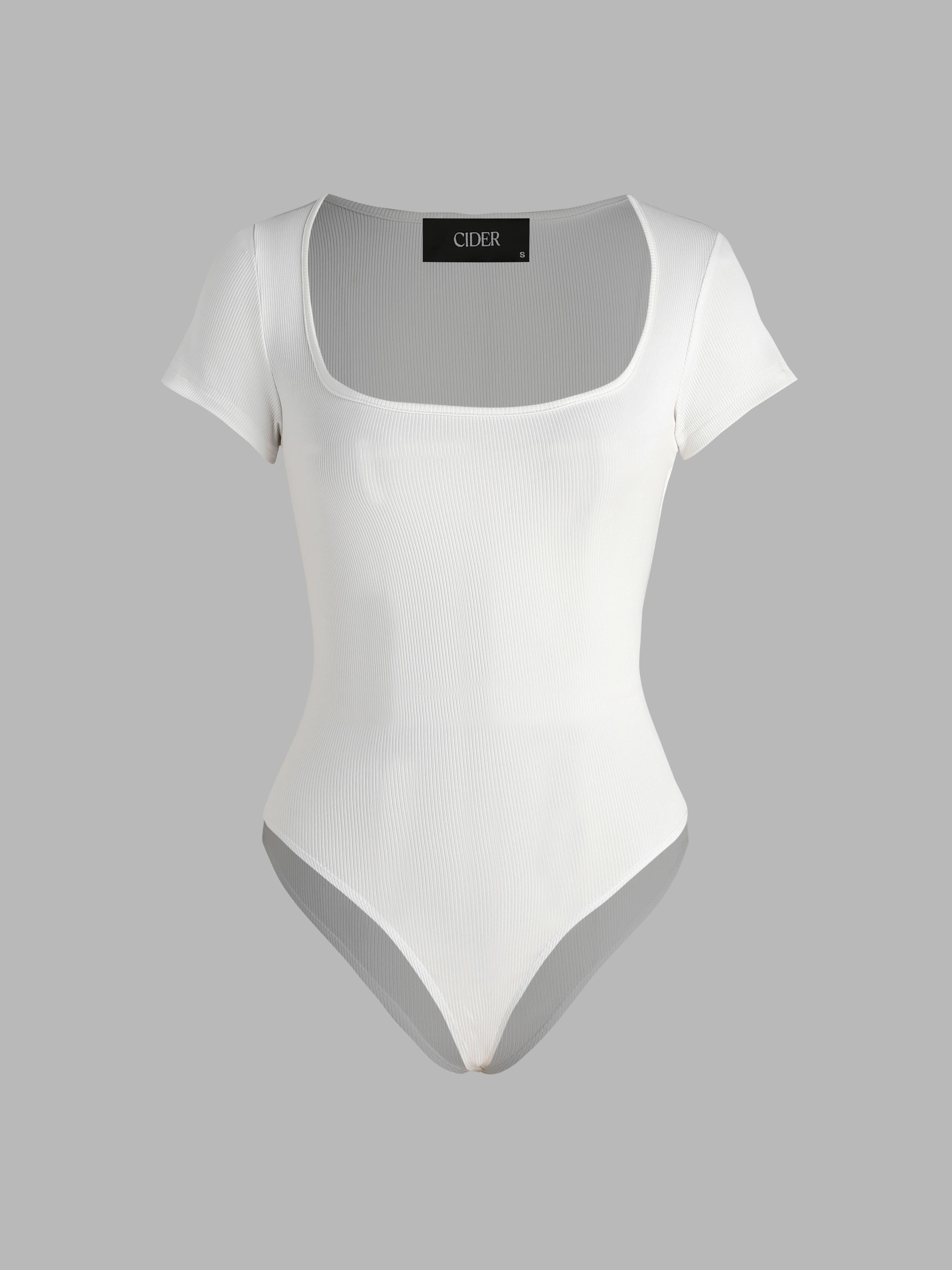 Solid Square Neck Short Sleeve Bodysuit Product Image