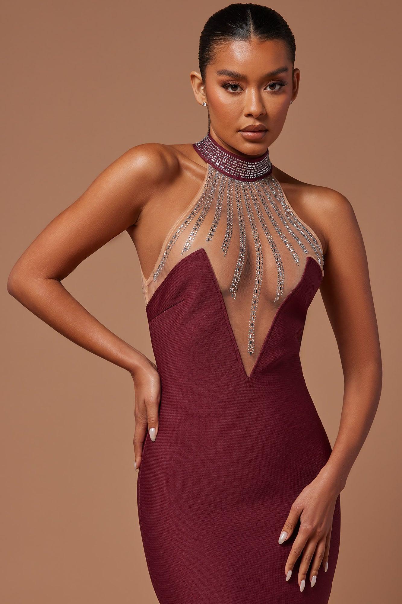 Lina Embellished Bandage Midi Dress - Burgundy Product Image