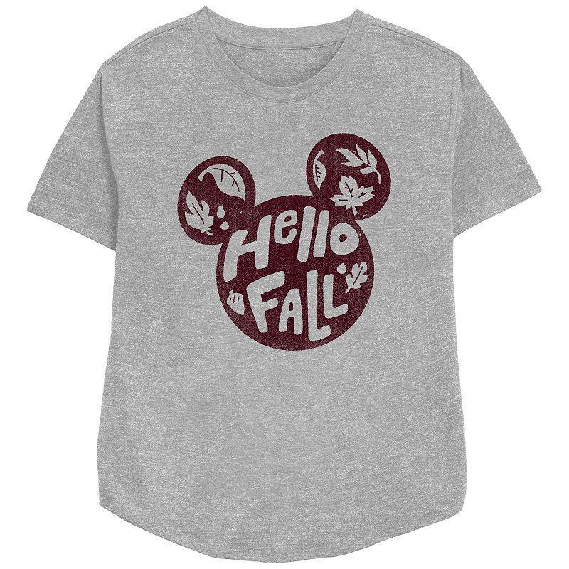 Disneys Mickey Mouse Juniors Hello Fall Relaxed Fit Graphic Tee, Womens Athletic Grey Product Image