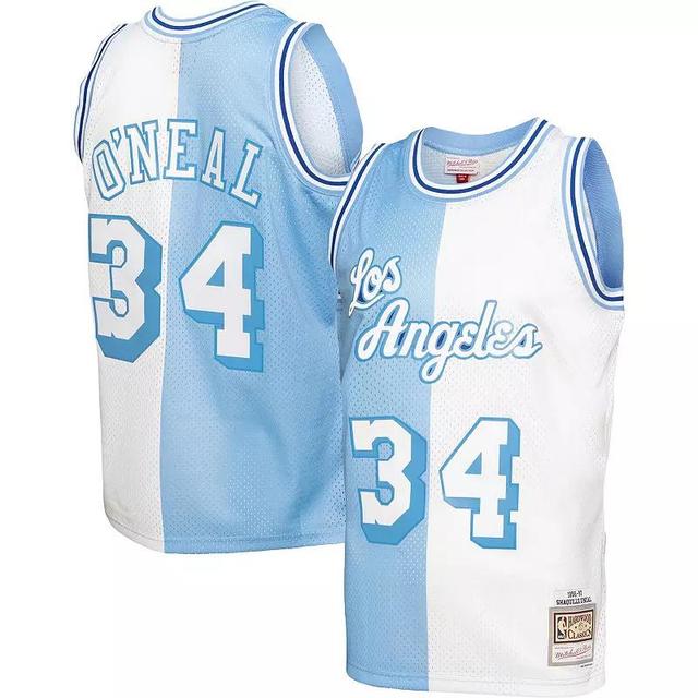 Mens Mitchell & Ness Shaquille ONeal Powder Blue/White Los Angeles Lakers Hardwood Classics 1996-97 Split Swingman Jersey Product Image