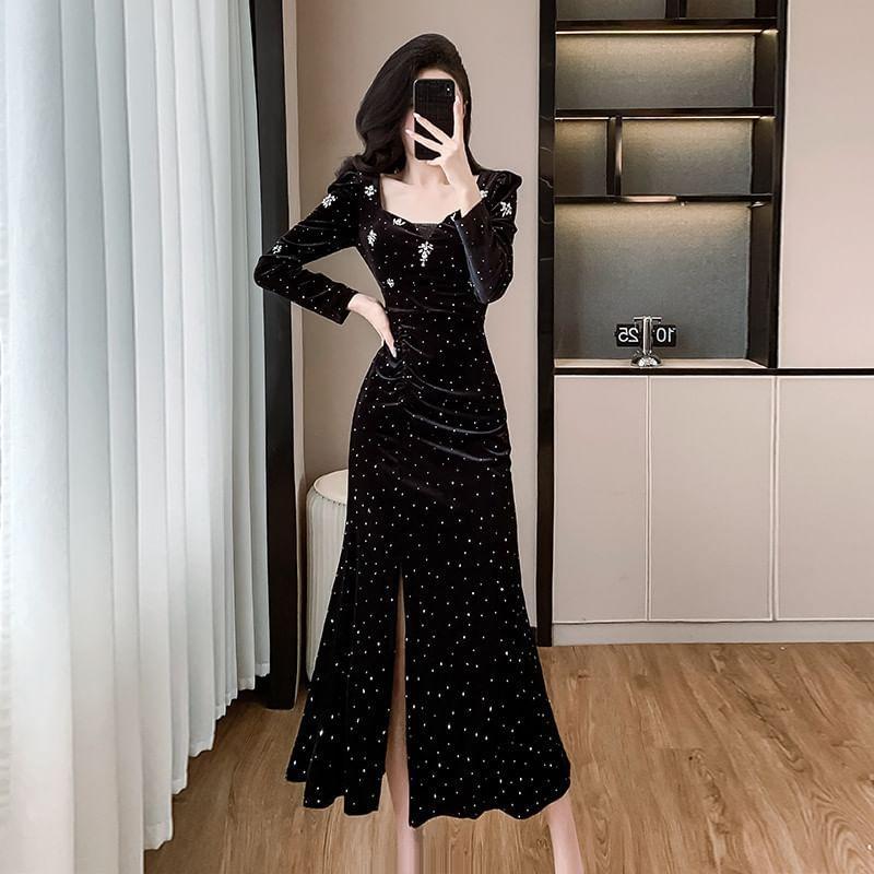 Long Sleeve Square Neck Dotted Embroidered Ruched Slit Bodycon Midi Dress Product Image