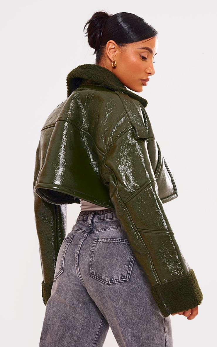 Khaki Borg Lined Vinyl Cropped Jacket Product Image