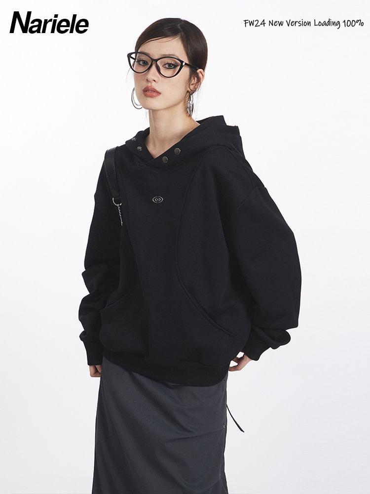 Long Sleeve Studded Plain Loose-Fit Hoodie Product Image