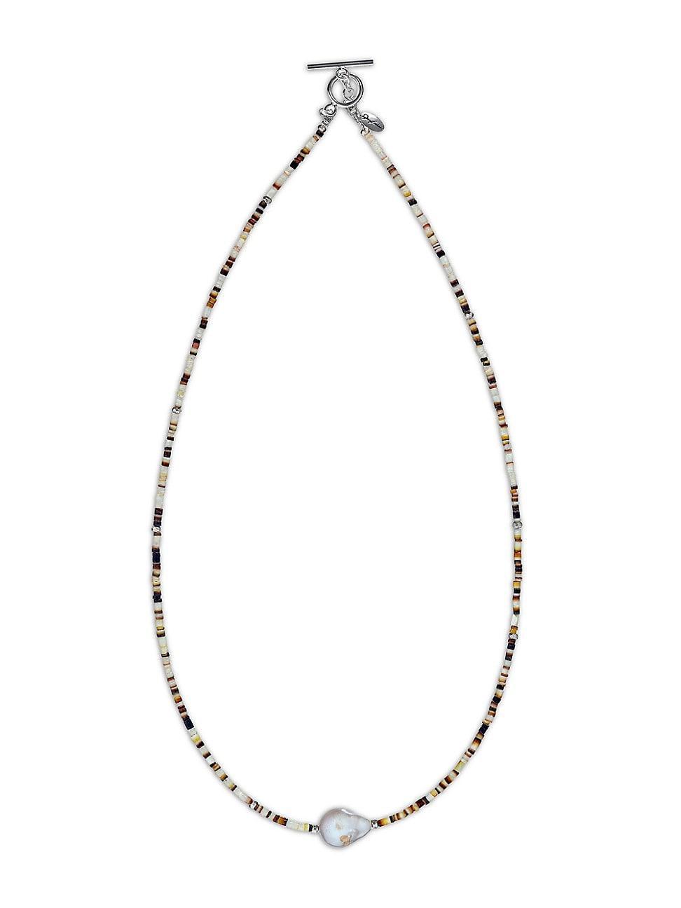 Mens Sterling Silver, Freshwater Pearl & Shell Bead Necklace Product Image