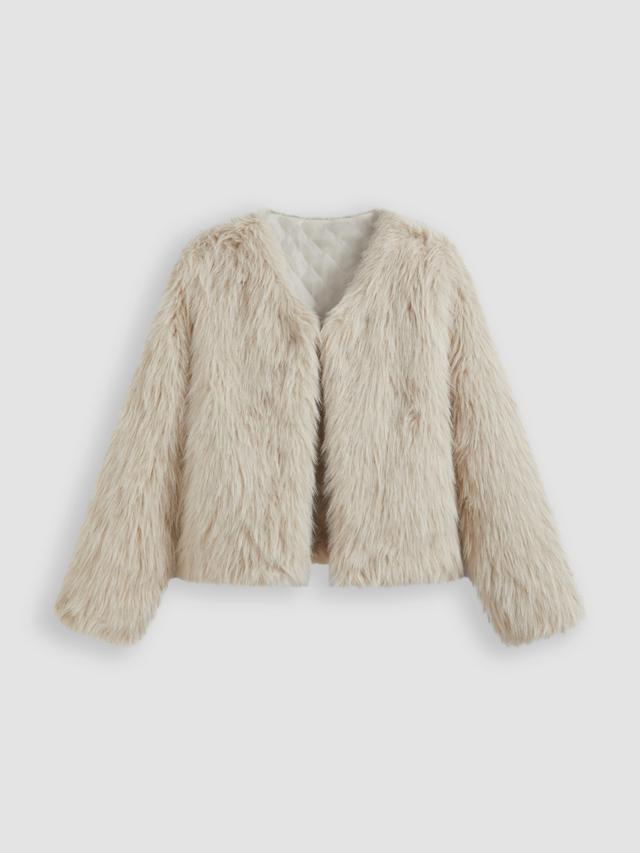 Faux Fur V-neck Solid Shearling Jacket Product Image