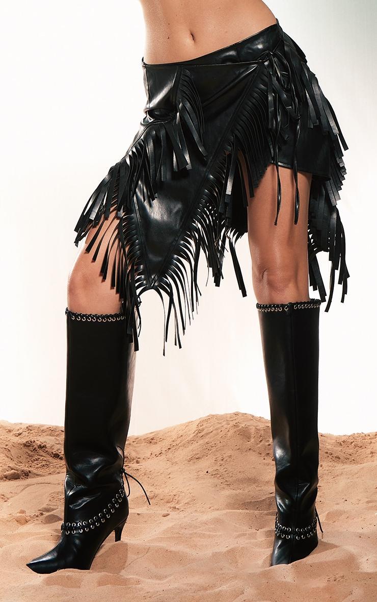 Black Faux Leather Fringed Mini Skirt Product Image