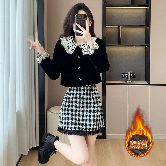 Set: Collared Quilted Lining Lace Panel Velvet Button Jacket + High Waist Fringe Houndstooth Mini A-Line Skirt Product Image