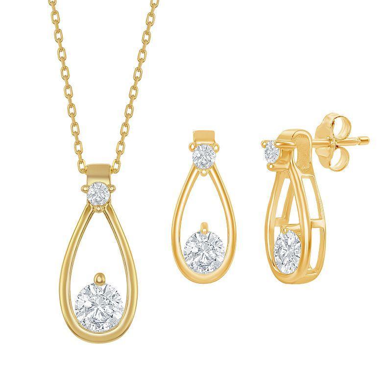 Sterling Silver Cubic Zirconia Open Teardrop Pendant Necklace & Earrings Set, Womens Gold Tone Product Image