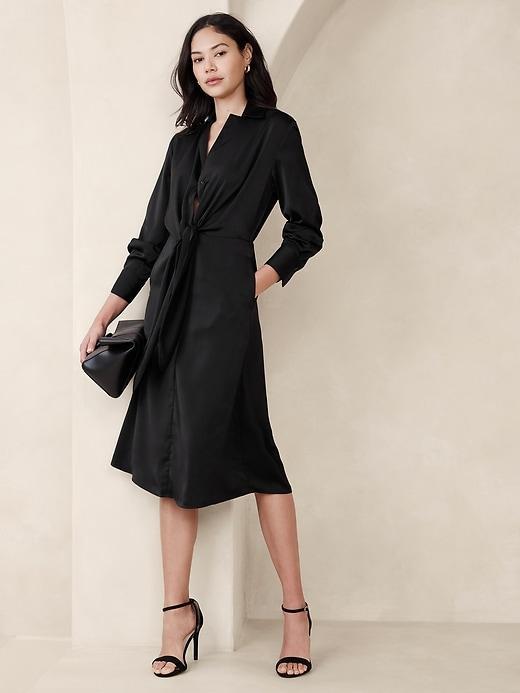 Satin Tie-Front Midi Shirtdress Product Image