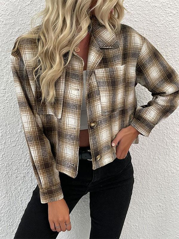 Long Sleeves Loose Plaid Pockets Split-Joint Lapel Outerwear Product Image