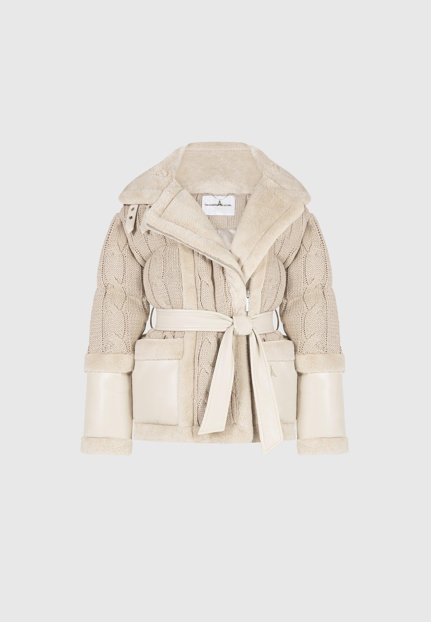 Knit and Plush Puffer Biker Jacket - Beige Female Product Image