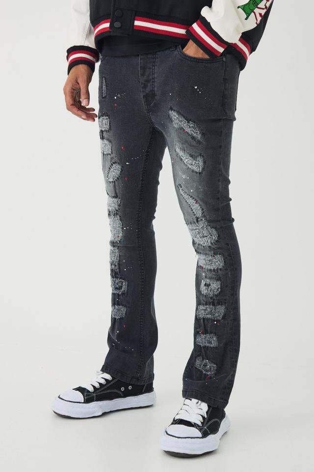 Skinny Flared Ripped Stitch Detail Paint Splatter Jeans | boohooMAN USA Product Image