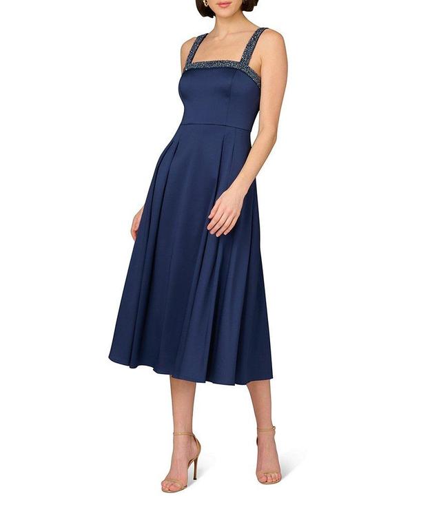 Aidan Mattox Stretch Mikado Beaded Trim Square Neck Sleeveless Side Pocket Midi Dress Product Image