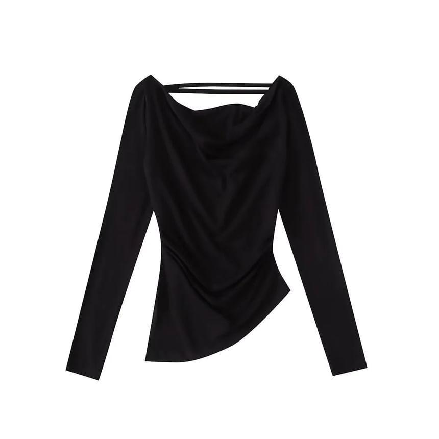 Long Sleeve Cold-Shoulder Plain T-Shirt Product Image