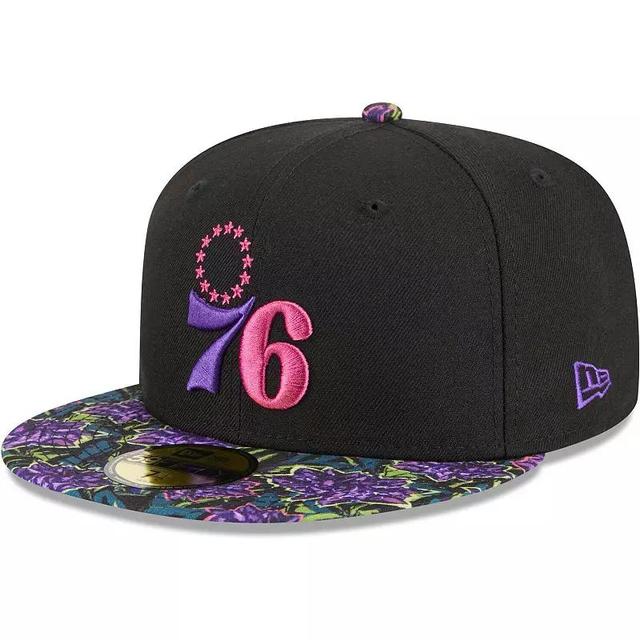 Mens New Era Black Philadelphia 76ers Dark Fantasy Neon Lotus Flower 59FIFTY Fitted Hat Product Image