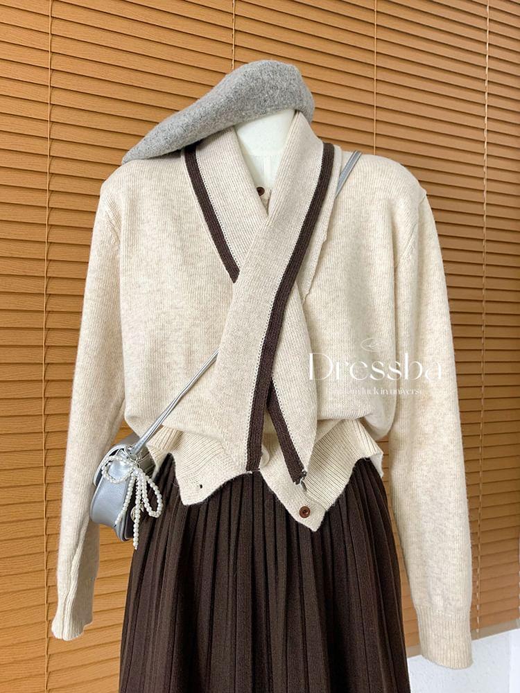 Set: Round Neck Plain Cardigan + Contrast Trim Scarf Product Image