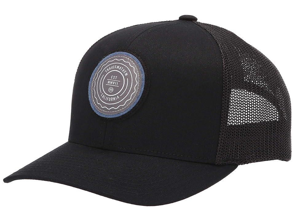 Mens Travis Mathew Black The Patch Trucker Snapback Hat Product Image