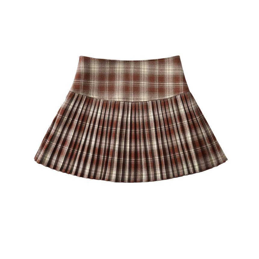 High Waist Plaid Mini Pleated A-Line Skirt Product Image