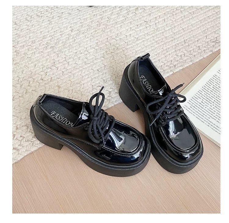 Platform Plain Lace-Up Patent Leather Shoes Product Image